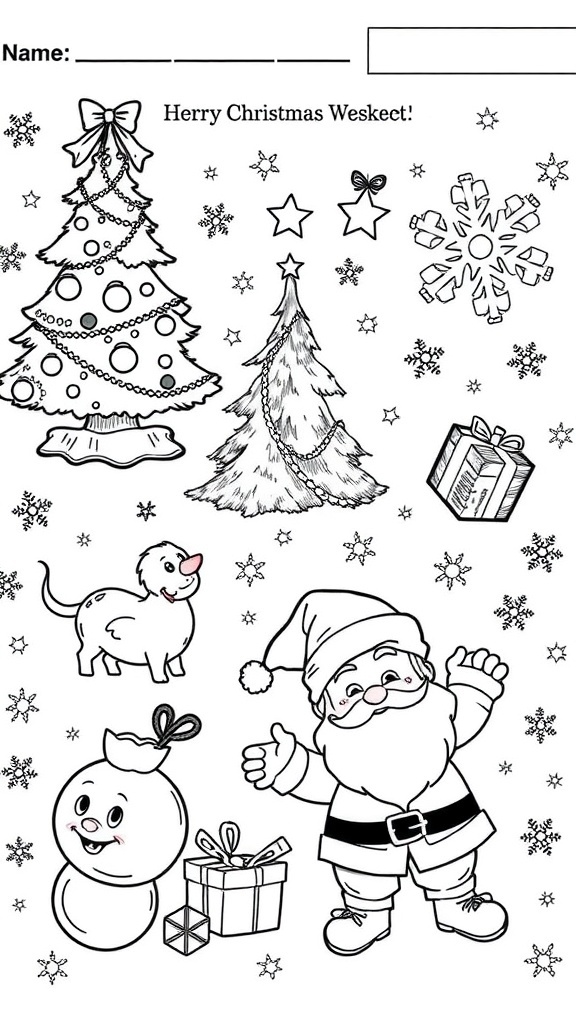 Christmas Coloring Pages Worksheet A Christmas coloring worksheet with outlined images of a Christmas tree, Santa Claus, and snowflakes, ready for coloring.
